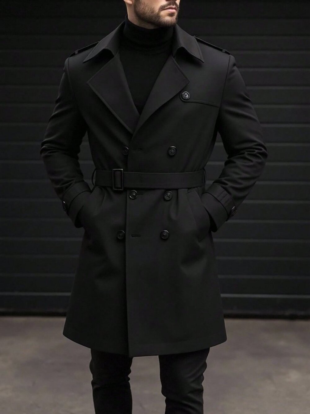 Black Double-Breasted Men's Loose Lapel Knee Length Trench Coat